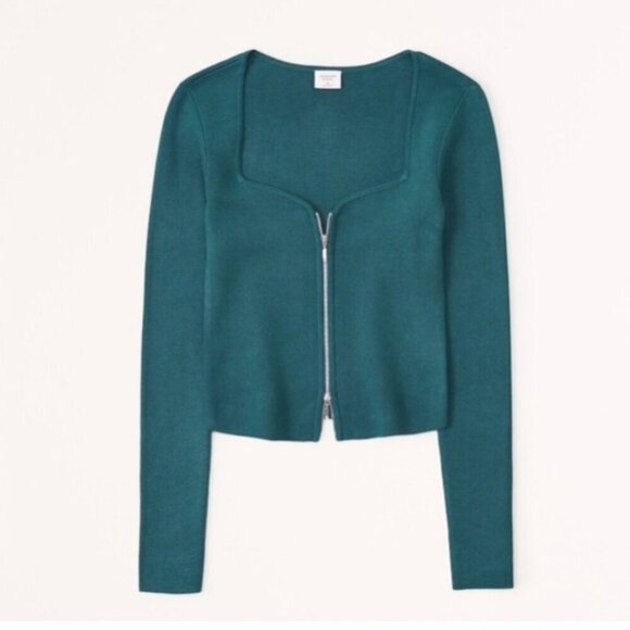 Abercrombie & Fitch Cropped Zip Front Long Sleeve Knit Sweater Jade Green - Picture 1 of 5